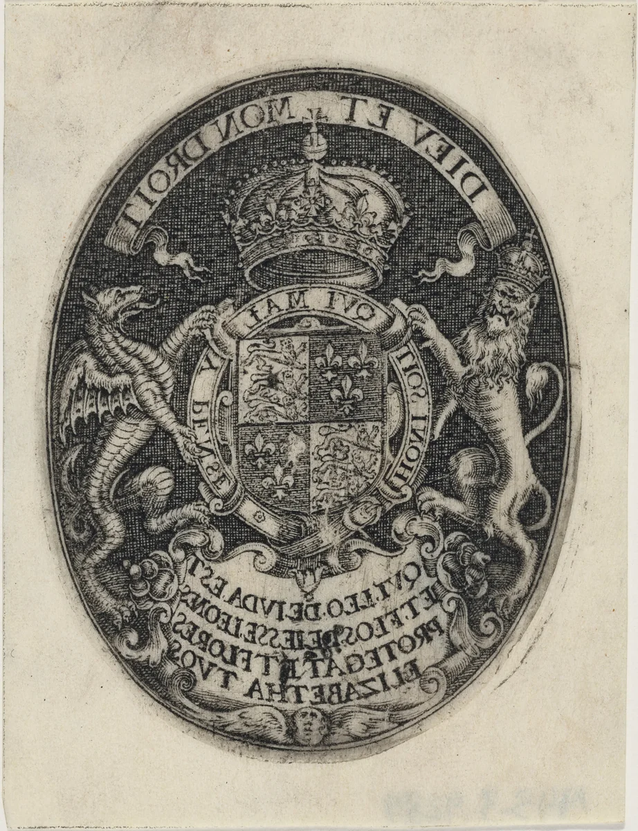 Shield of Queen Elizabeth by Simon van de Passe, print, 1595-1647