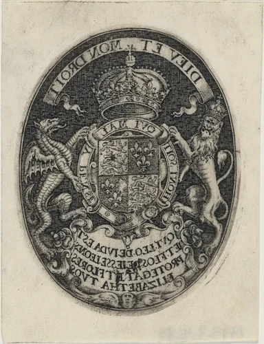 Shield of Queen Elizabeth by Simon van de Passe, print, 1595-1647