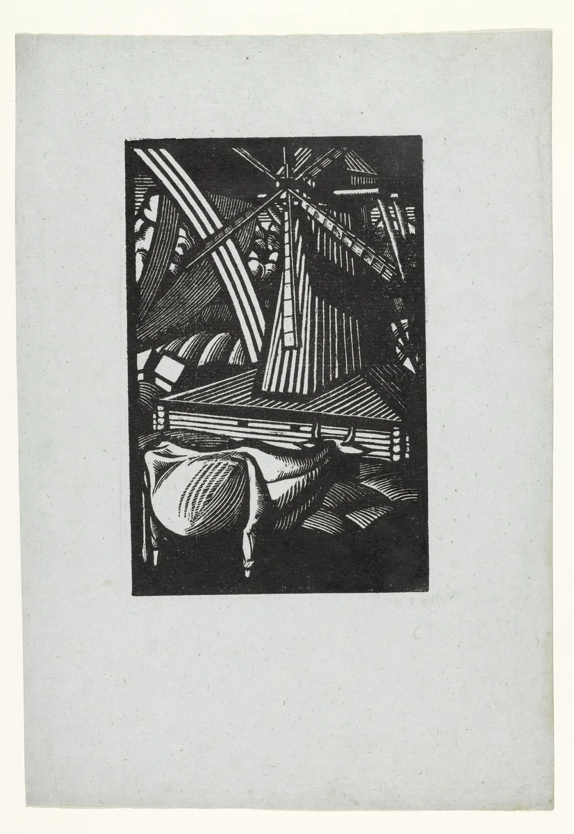 Landscape with a Rainbow, a Mill, and a Cow by Nikolai Kupreianov, print, 1917