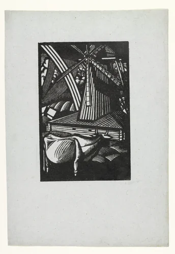 Landscape with a Rainbow, a Mill, and a Cow by Nikolai Kupreianov, print, 1917