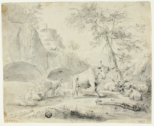 Landscape with Herdsman and Sheep, Goat, Cattle by Johann Heinrich Roos, drawing, 1651-1685