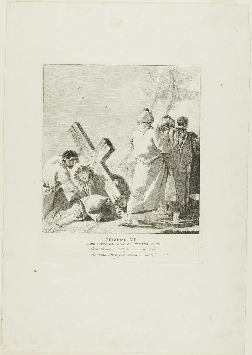 Christ Falls Beneath the Cross for the Second Time, plate seven from Stations of the Cross by Giovanni Domenico Tiepolo, print, 1748