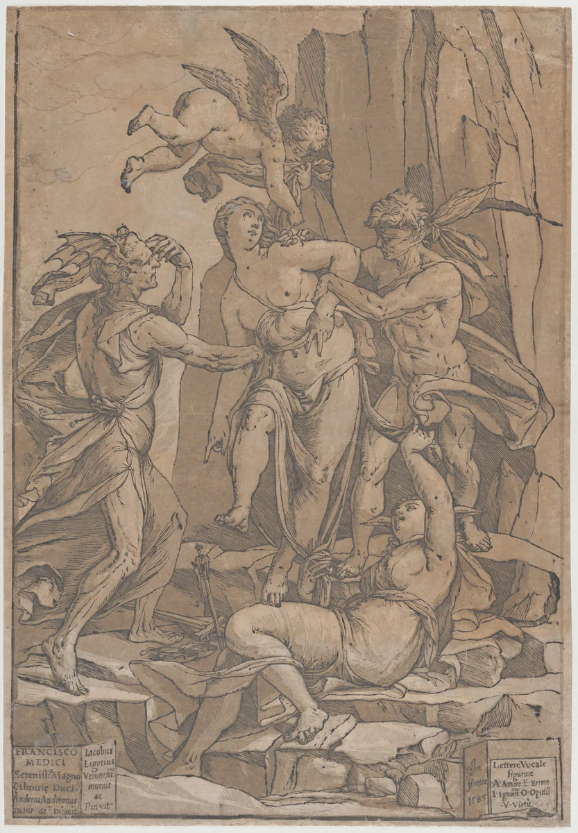 Virtue as a young woman surrounded by four figures representing love, error, ignorance and opinion by Andrea Andreani, print, 1585