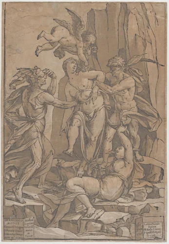 Virtue as a young woman surrounded by four figures representing love, error, ignorance and opinion by Andrea Andreani, print, 1585