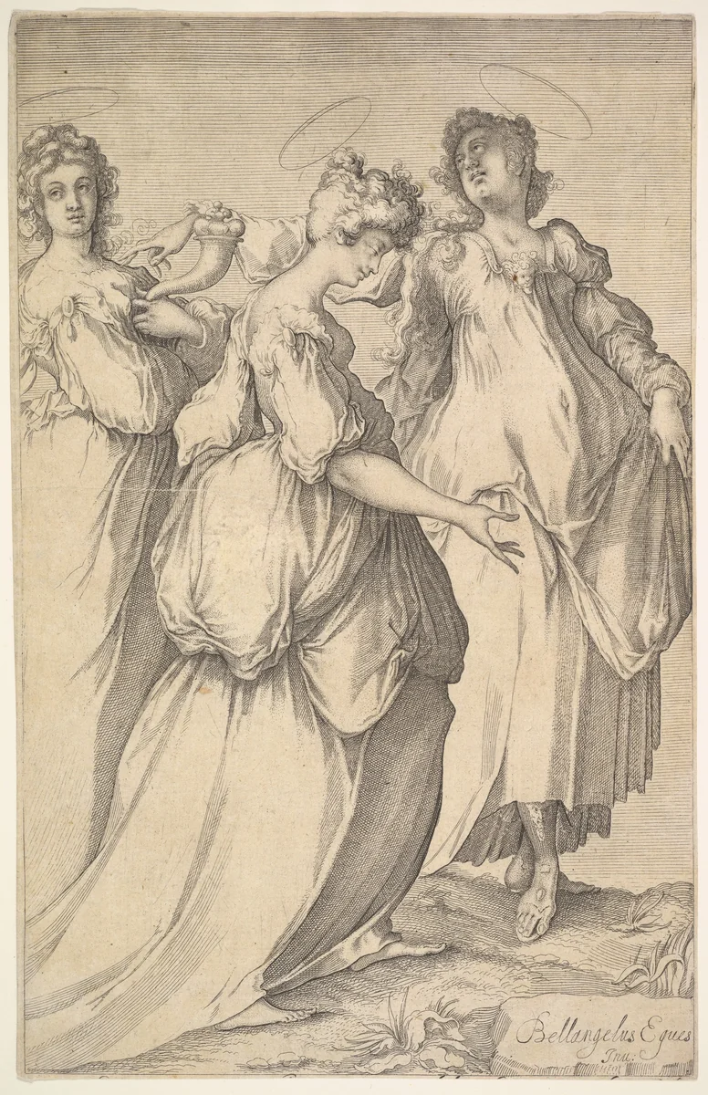 Three Haloed Female Figures by Matthäus Merian, print, 1610-1650