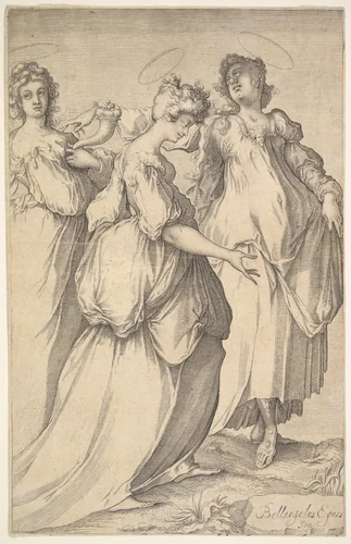 Three Haloed Female Figures by Matthäus Merian, print, 1610-1650