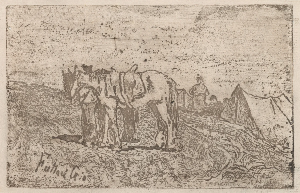 a) On Maneuvers (recto); b) On Maneuvers (verso) (Alle Manovre) by Giovanni Fattori, print, 1888