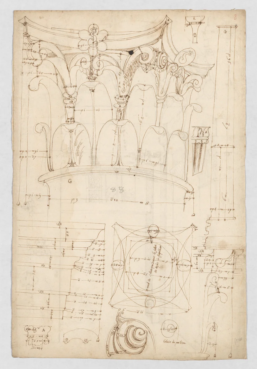 Pantheon, portico, Corinthian column capital, projection, plan, and details; column shaft, profile; beam architrave, elevation (recto) Pantheon, cella, perspective, details; vault, details; portal, interior, cornice, profile (verso) by anonymous, drawing, 1500-1560