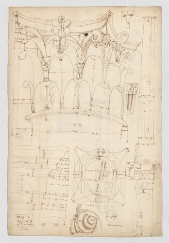 Pantheon, portico, Corinthian column capital, projection, plan, and details; column shaft, profile; beam architrave, elevation (recto) Pantheon, cella, perspective, details; vault, details; portal, interior, cornice, profile (verso) by anonymous, drawing, 1500-1560