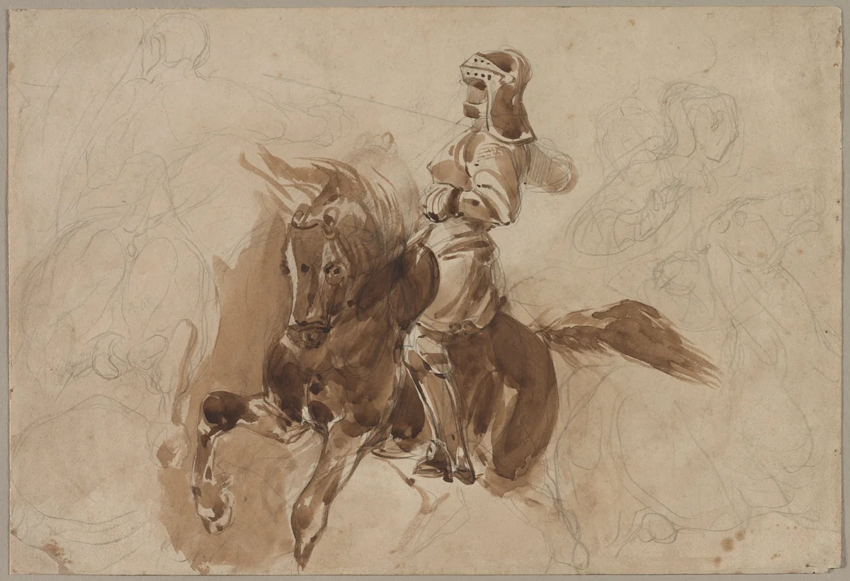 Armored Figure on Horseback (recto) by Eugène Delacroix, drawing, 1823-1833