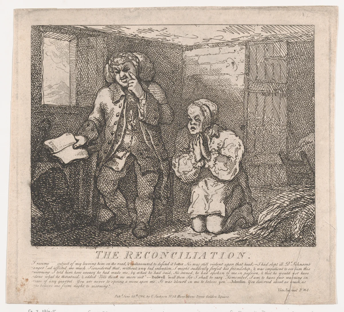 The Reconciliation (Picturesque Beauties of Boswell, Part the Second) by Thomas Rowlandson, print, 1786