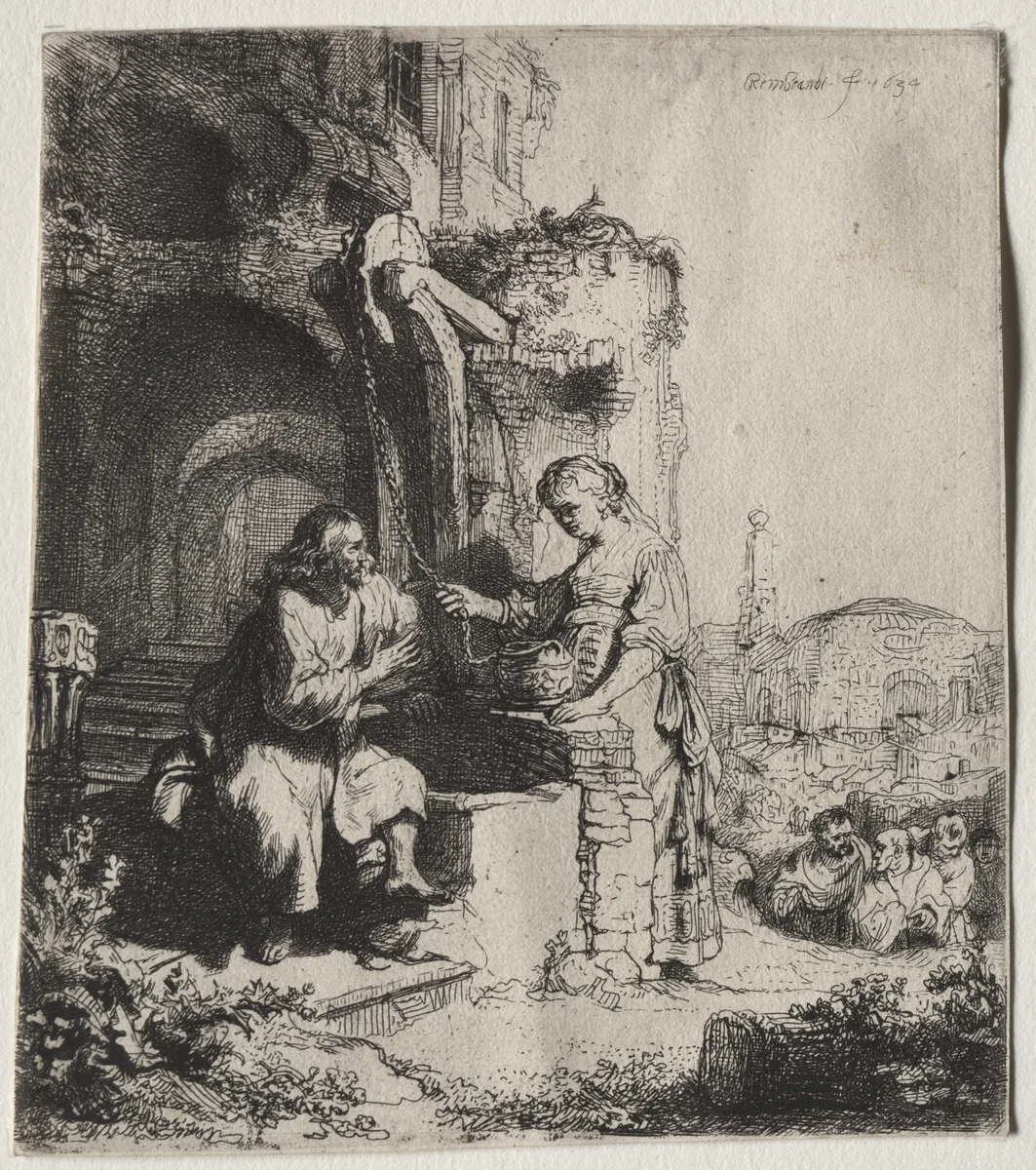 Christ and the Woman of Samaria Among Ruins by Rembrandt van Rijn, print, 1634