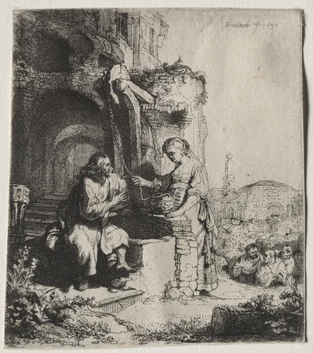 Christ and the Woman of Samaria Among Ruins by Rembrandt van Rijn, print, 1634