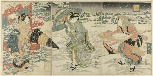 Parody of Liu Bei (J: Gentoku) Visiting Zhuge Liang (J: Komei) in Wind and Snow (Gentoku fusetsu ni Komei o tazureru) by Utagawa Kunisada (歌川国貞), print, 1839-1849