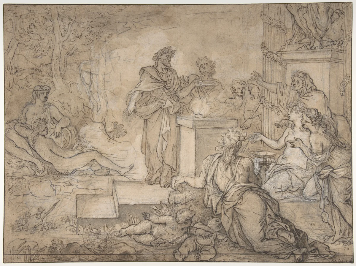 Sacrifice Offered before a Statue of Jupiter by Louis de Boullogne, drawing, 1620-1674