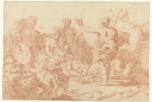 Rouwende menigte rond een dode vrouw by Jan Hoogsaat, drawing, 1664-1730