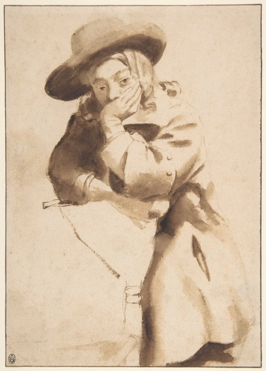 Young Man in Broad-Brimmed Hat, Resting His Chin on His Left Hand by Gerbrand van den Eeckhout, drawing, 1650-1660