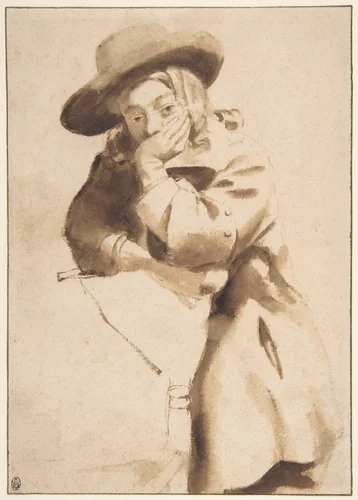 Young Man in Broad-Brimmed Hat, Resting His Chin on His Left Hand by Gerbrand van den Eeckhout, drawing, 1650-1660