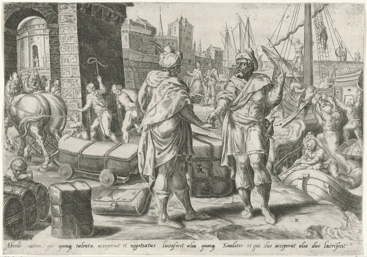 Dienaar met de vijf talenten drijft handel by Unknown, print, 1565-1572