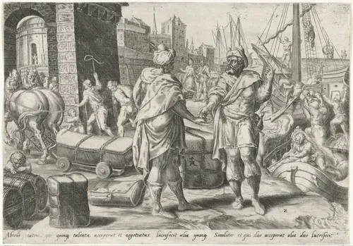 Dienaar met de vijf talenten drijft handel by Unknown, print, 1565-1572
