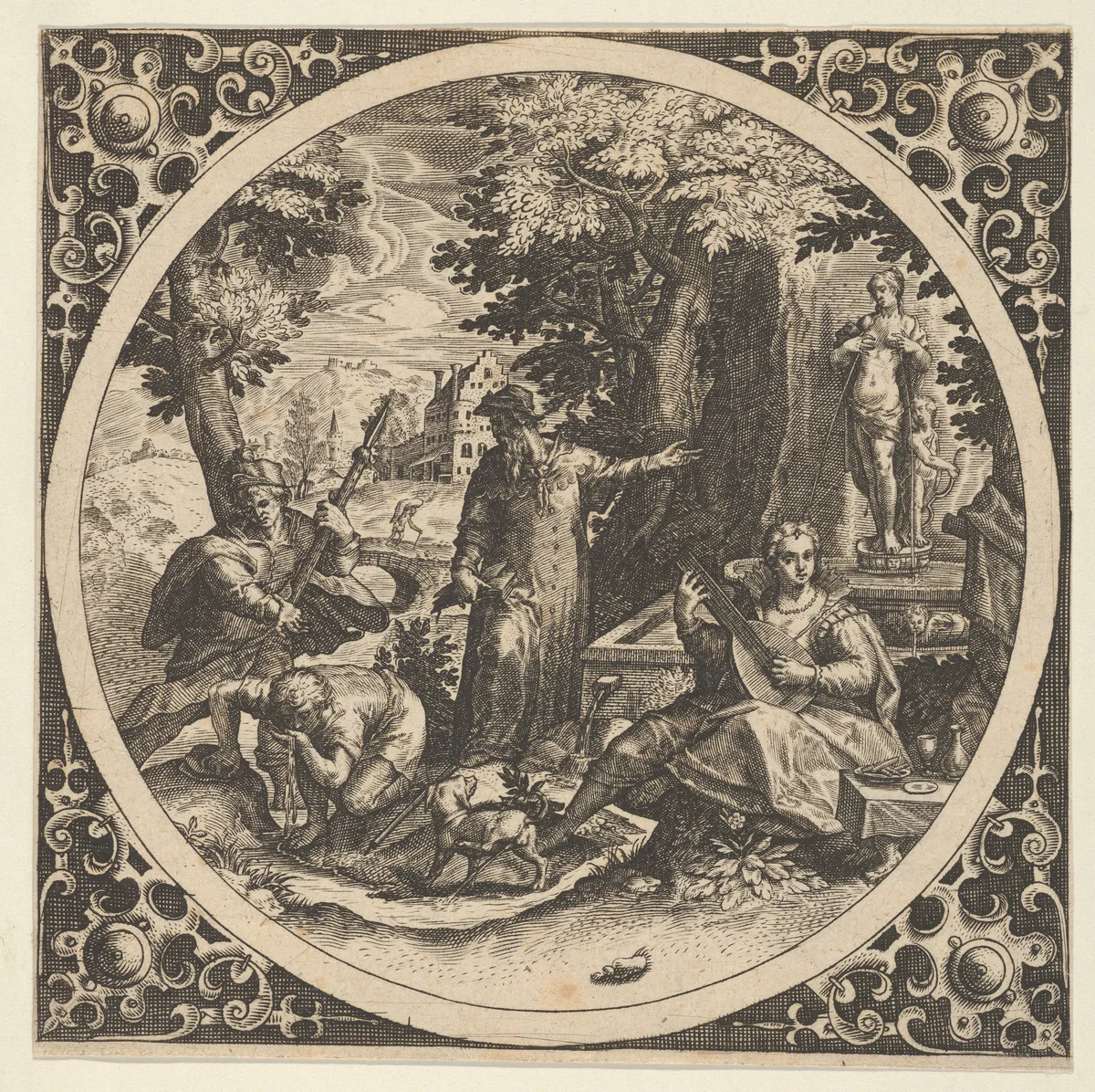 Scene with a Warning Against Venereal Disease in a Circle at Center by Theodor de Bry, print, 1580-1600