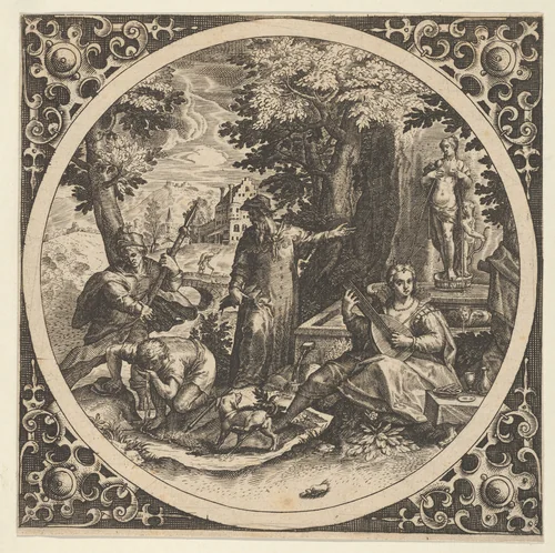 Scene with a Warning Against Venereal Disease in a Circle at Center by Theodor de Bry, print, 1580-1600
