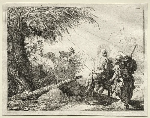 Flight into Egypt: The Holy Family and the Palm Tree by Giovanni Domenico Tiepolo, print, 1745-1758