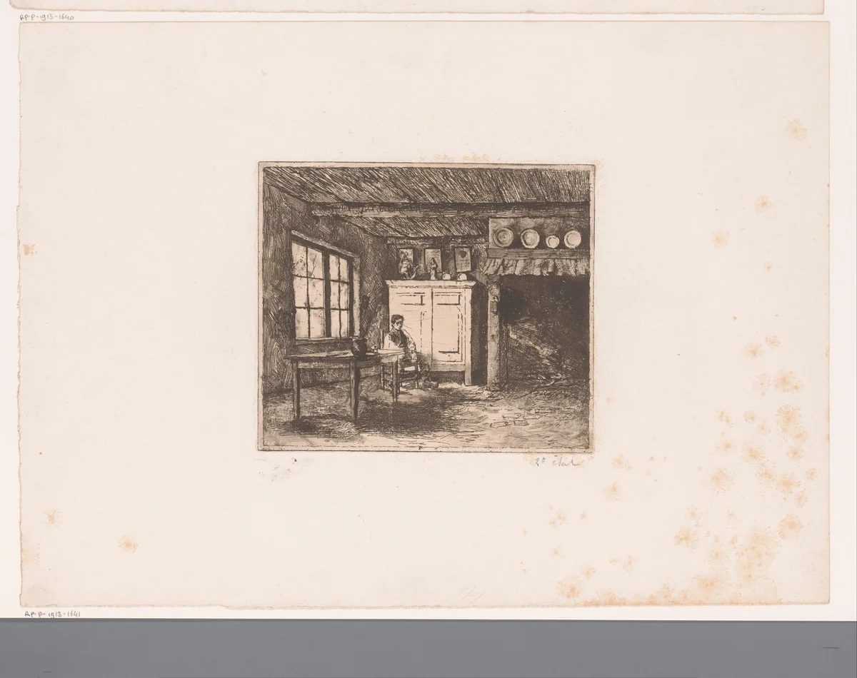 Jonge man zittend in een kamer met grote openhaard by Charles Mertens, print, 1883