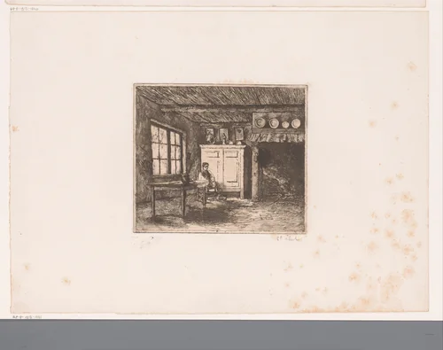 Jonge man zittend in een kamer met grote openhaard by Charles Mertens, print, 1883