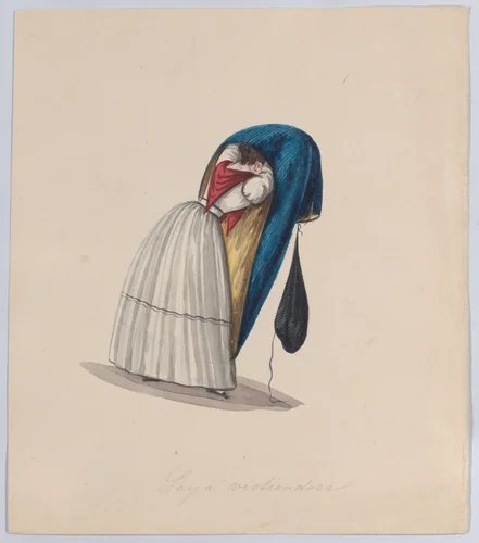 A woman getting into her saya viewed from behind, from a group of drawings depicting Peruvian dress by Francisco Fierro, drawing, 1843-1853