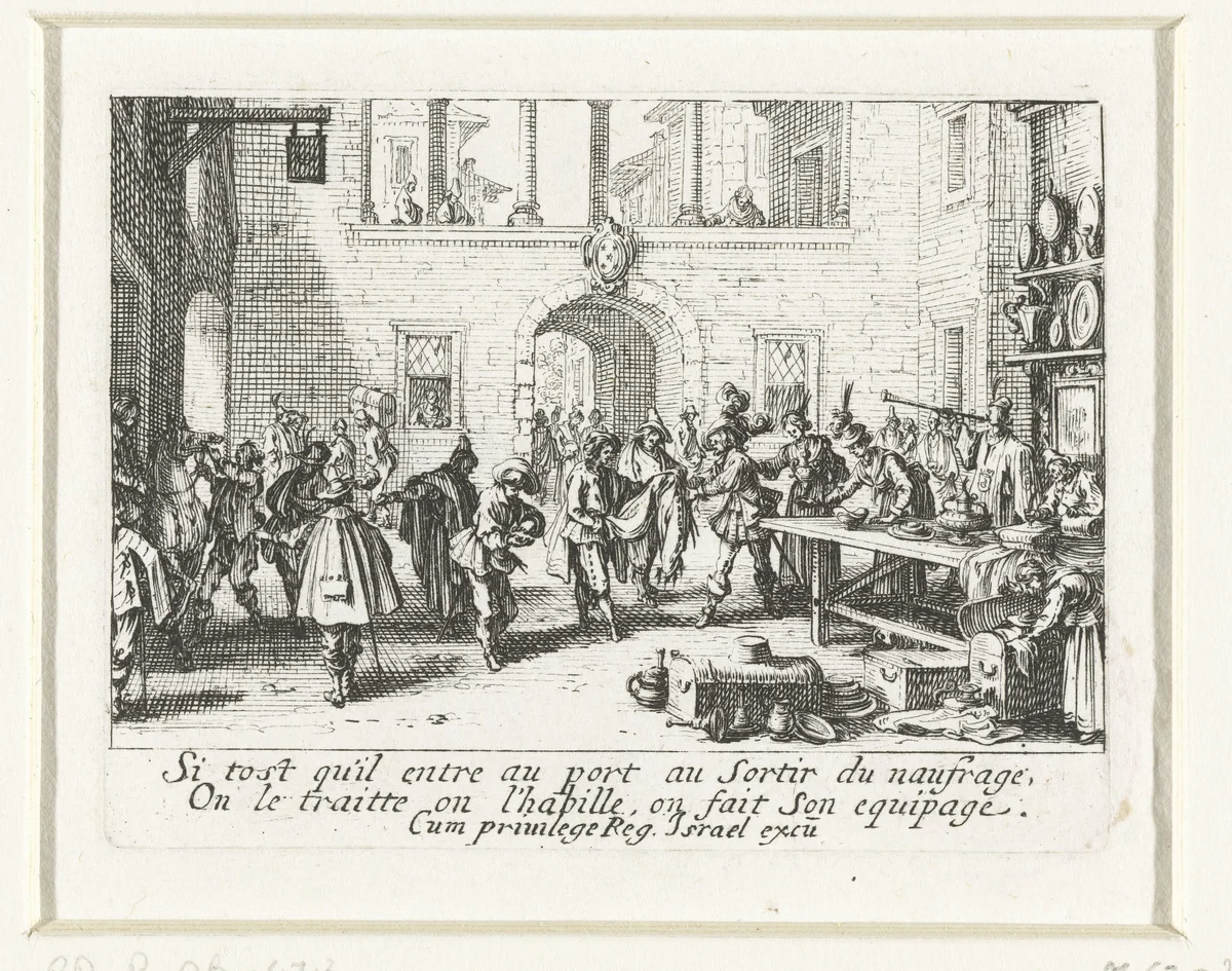 De verloren zoon krijgt nieuwe kleren by Jacques Callot, print, 1635