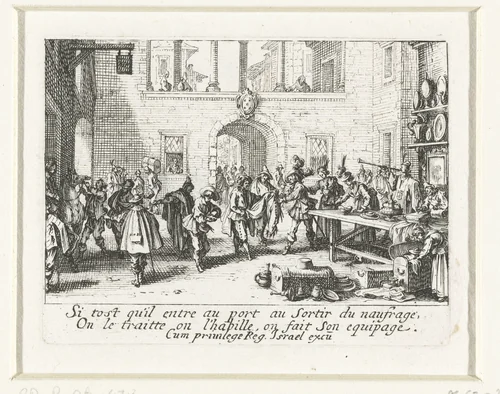 De verloren zoon krijgt nieuwe kleren by Jacques Callot, print, 1635