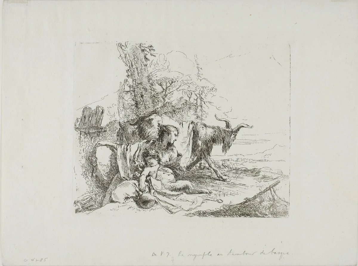 A Nymph with a Small Satyr and Two Goats, from Capricci by Giovanni Battista Tiepolo, print, 1740-1750