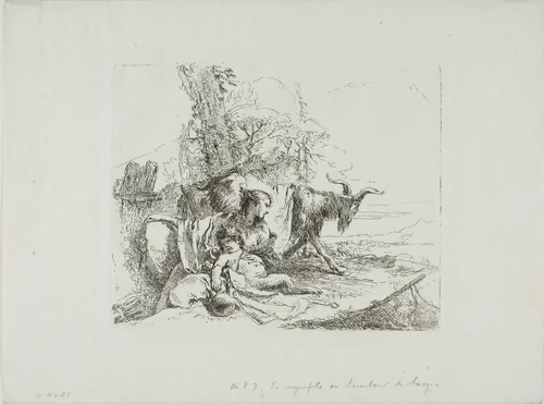 A Nymph with a Small Satyr and Two Goats, from Capricci by Giovanni Battista Tiepolo, print, 1740-1750