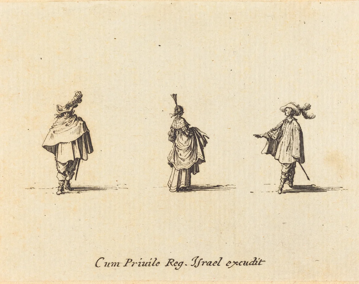 Lady with Dress Gathered Up, and Two Gentlemen by Jacques Callot, print, 1628-1638