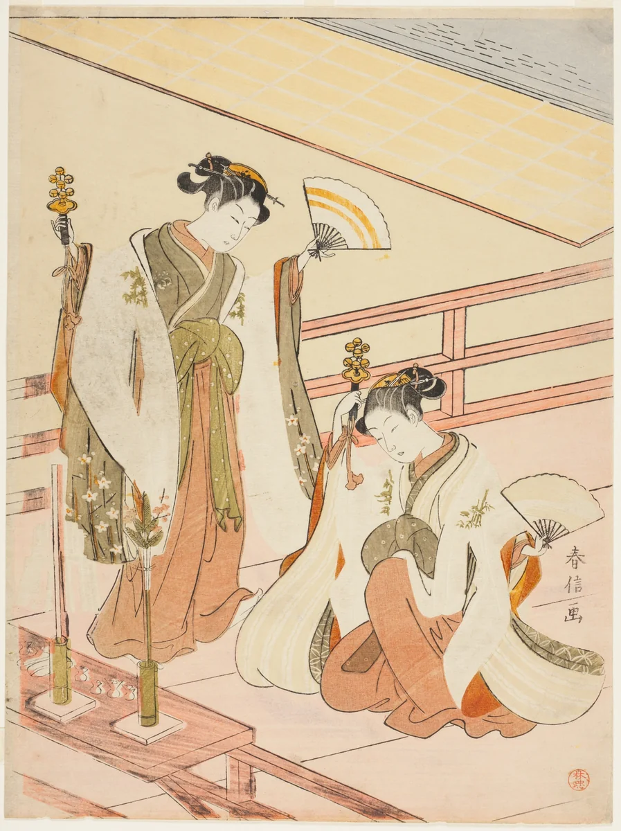 The Dance of the Shrine Maidens Ohatsu and Onami by Suzuki Harunobu (鈴木春信), print, 1764-1770