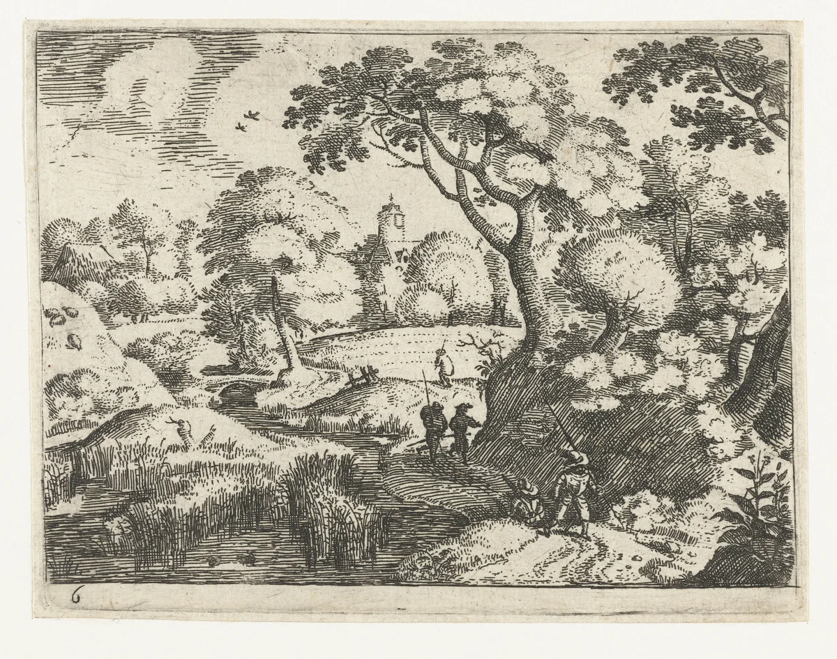 Landschap met reiziger en soldaten by Jacob Savery, print, 1584-1603
