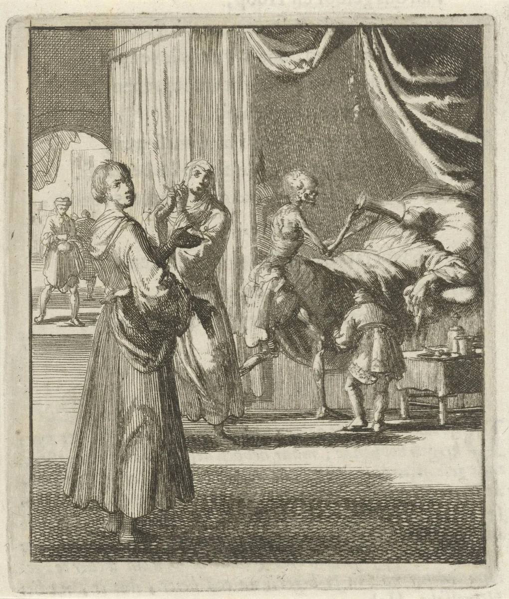 Vrouw wijst op de Dood die een figuur op zijn sterfbed een beker laat leegdrinken by Jan Luyken, print, 1687