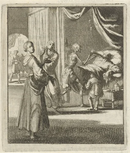 Vrouw wijst op de Dood die een figuur op zijn sterfbed een beker laat leegdrinken by Jan Luyken, print, 1687