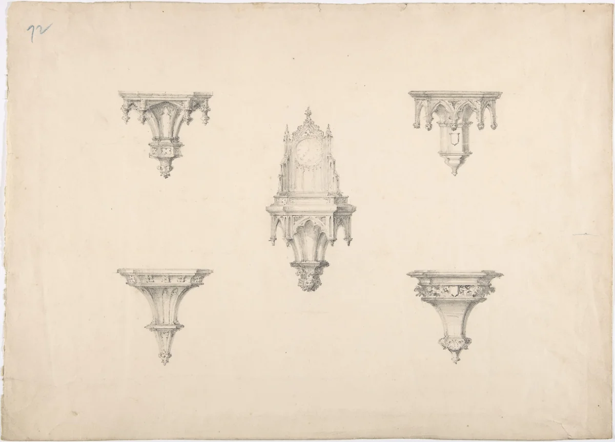 Design for Five Medieval Brackets, the Central One Bearing a Clock by anonymous, drawing, 1800-1850