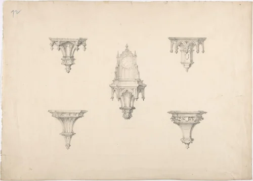 Design for Five Medieval Brackets, the Central One Bearing a Clock by anonymous, drawing, 1800-1850