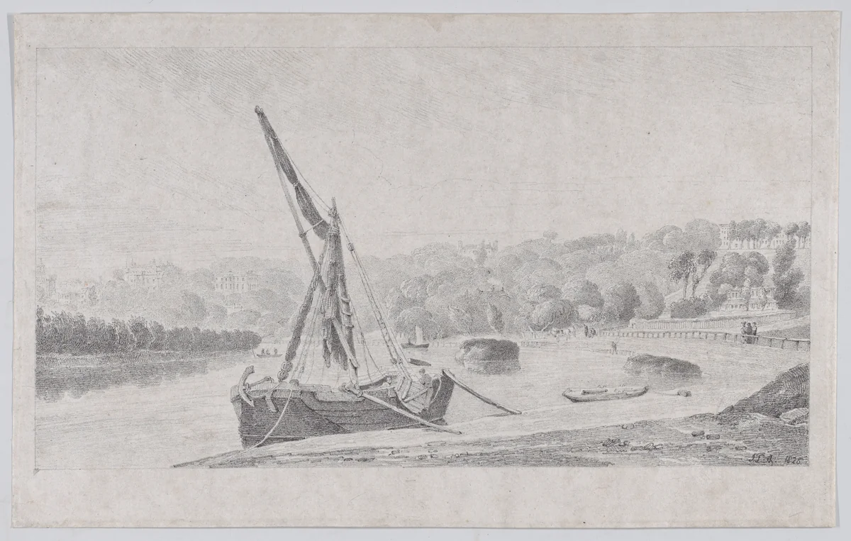 River Landscape (perhaps on the Thames) by J. L. A., print, 1826