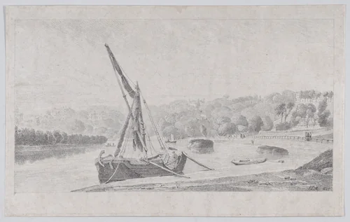 River Landscape (perhaps on the Thames) by J. L. A., print, 1826