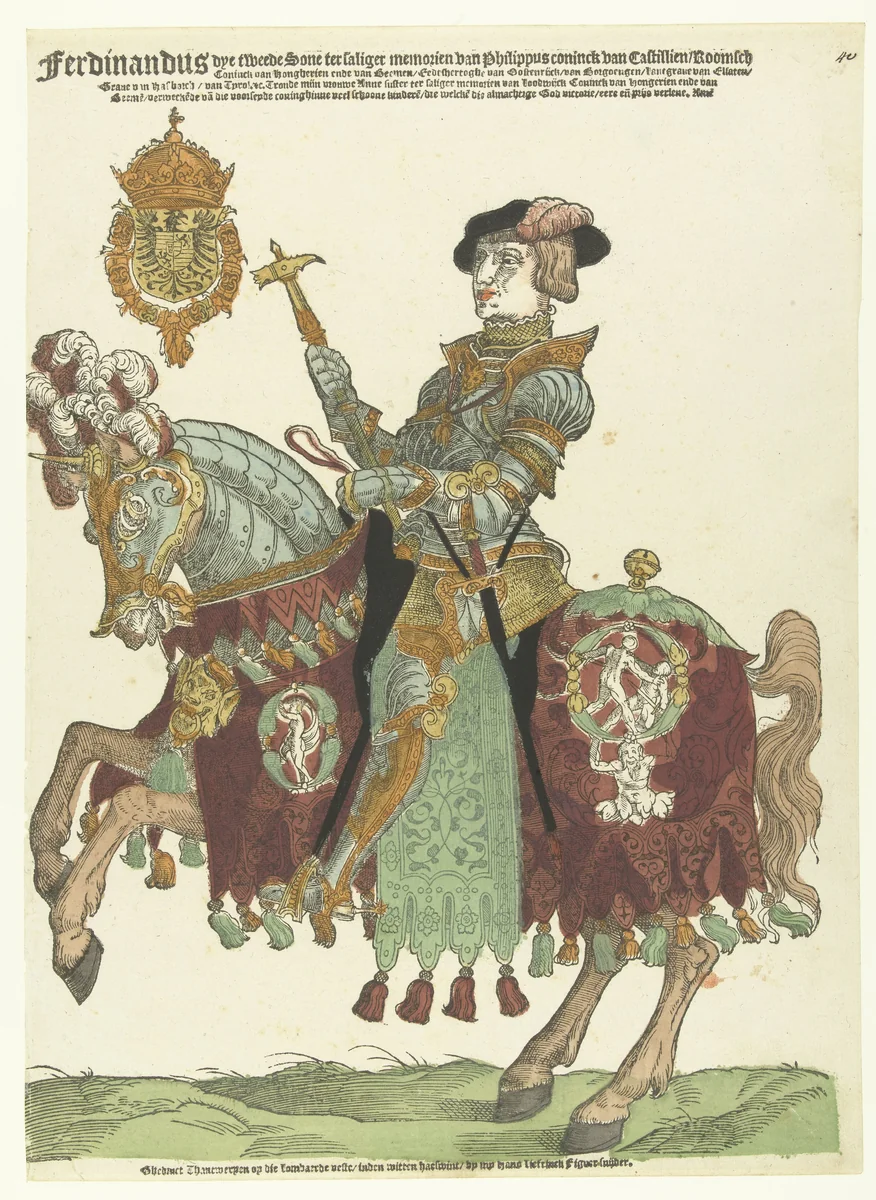 Portret van Ferdinand I van Oostenrijk te paard by Hans Liefrinck, print, 1539-1556
