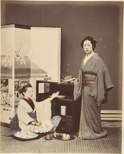 [Two Japanese Women Posing with Fans] by Suzuki Shin'ichi, photograph, 1870-1879