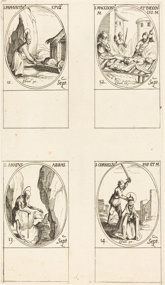 St. Paphnutius; Sts. Macedonius and Theodulus; St. Amatus; St. Cornelias by Jacques Callot, print, 1627-1637