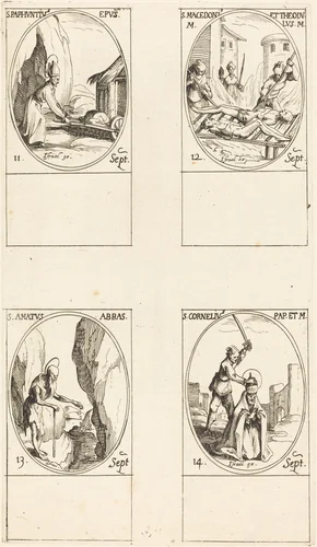 St. Paphnutius; Sts. Macedonius and Theodulus; St. Amatus; St. Cornelias by Jacques Callot, print, 1627-1637