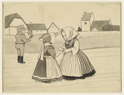 Twee meisjes en een jongen, die een pijp rookt, op een landweg by Alfred Michael Roedstad Schmidt, drawing, 1868-1907