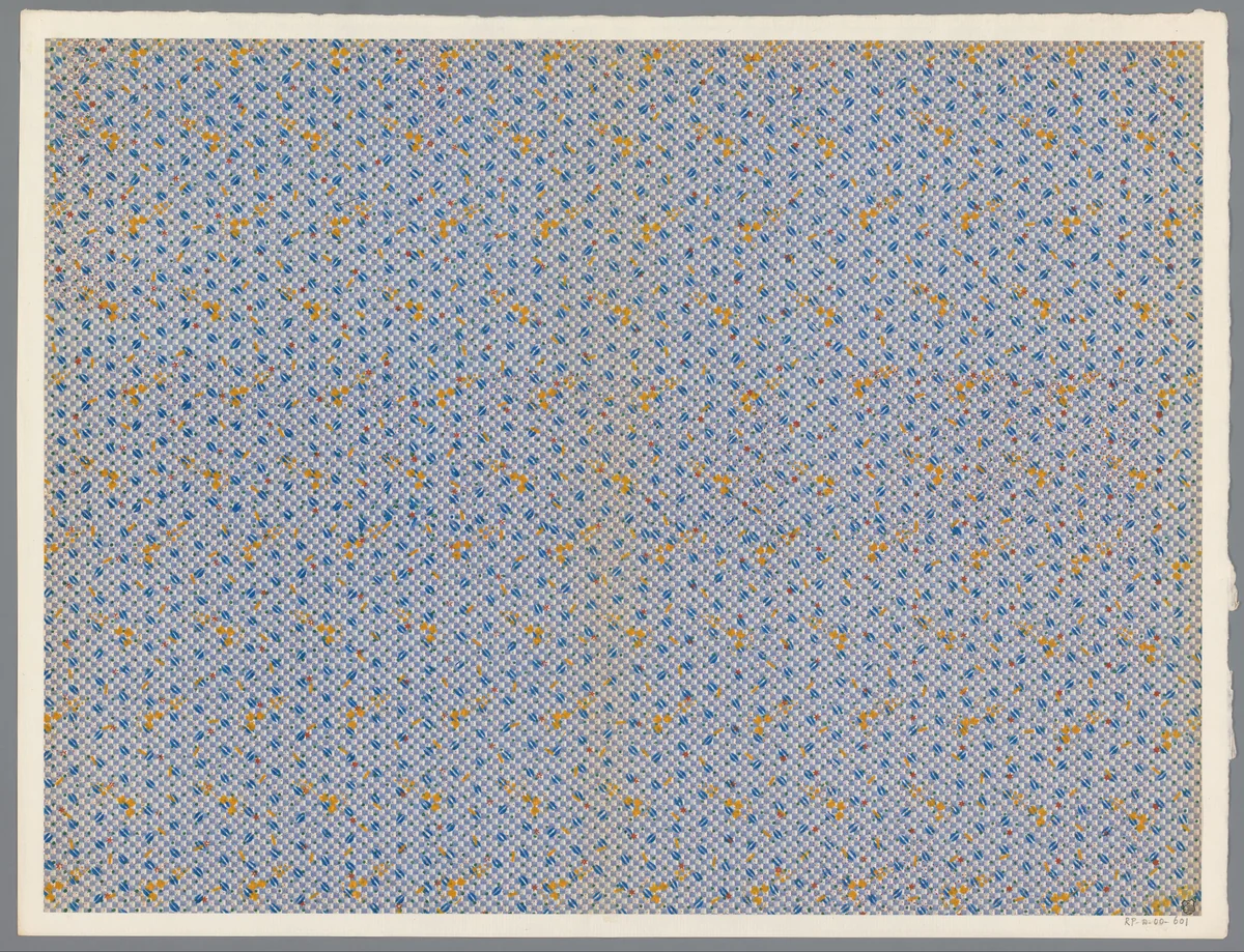 Blad met strooipatroon van verschillende motieven op een geblokt fond by anonymous, print, 1800-1900