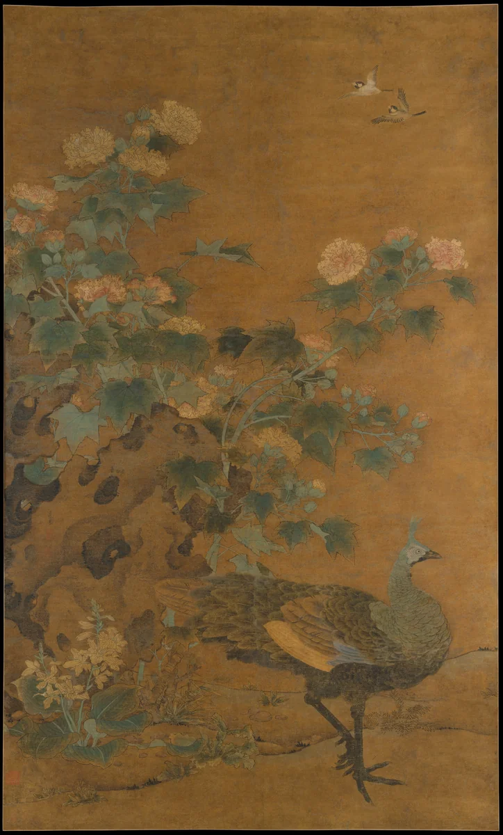 Peahen and hibiscus by Bian Lu, painting, 1334-1366